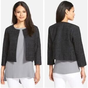 Eileen Fisher Jacket Blazer Size L Embroidered Cotton Lined Pockets Grey Black